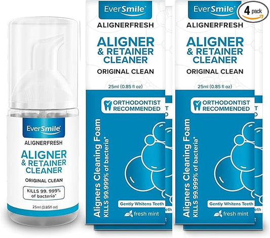 EverSmile AlignerFresh Original Clean Foam – Cleaner Compatible w/Invisalign and All Clear Aligners & Retainers – Eliminates Bacteria, Whitens Teeth, Fights Bad Breath – 25ml (4 Pack)