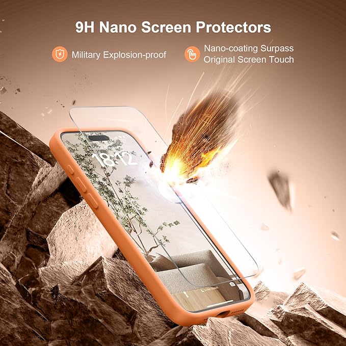 Magnetic for iPhone 15 Pro Case, Compatible with MagSafe, with 9H Nano Screen Protectors, Full Camera Protection, Silicone Shockproof Microfiber Lining Phone Case 6.1", Kumquat
