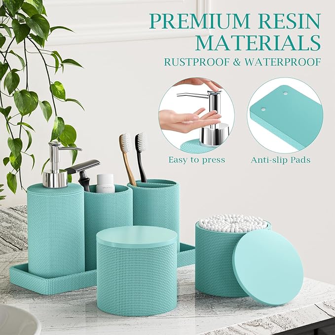 6-Piece Teal Blue Bathroom Set - Mesh Textured Resin Bathroom Accessories Set with Soap Dispenser, Toothbrush Holder, Cup, Vanity Tray & Apothecary Jars for Small Spaces