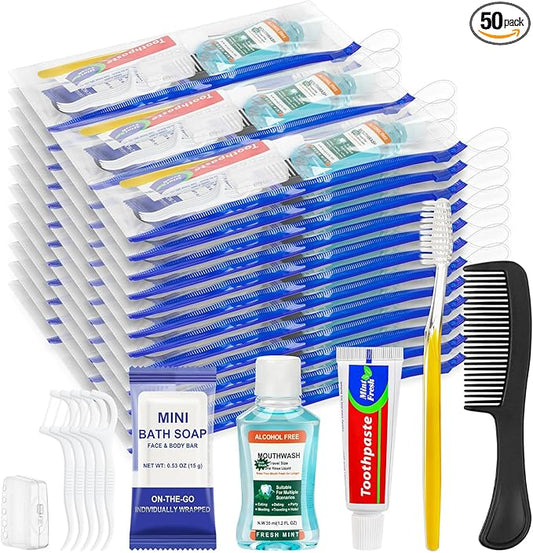 Xuezoioy Personal Hygiene Kit Bulk Pack of 50,Yellow Basic Travel Toiletry Set Disposable Toothbrushes with Toothpaste Mouthwash Floss Comb Cover and Zip Bag for Homeless,Charity,Guests