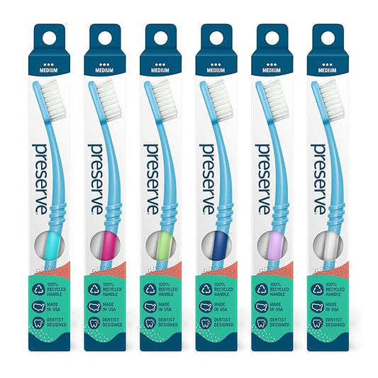 Preserve Eco Friendly Adult Toothbrushes, Made in The USA from Recycled Plastic, Ultra Soft Bristles, Paperboard Package, Colors Vary, 6 Count (Medium)
