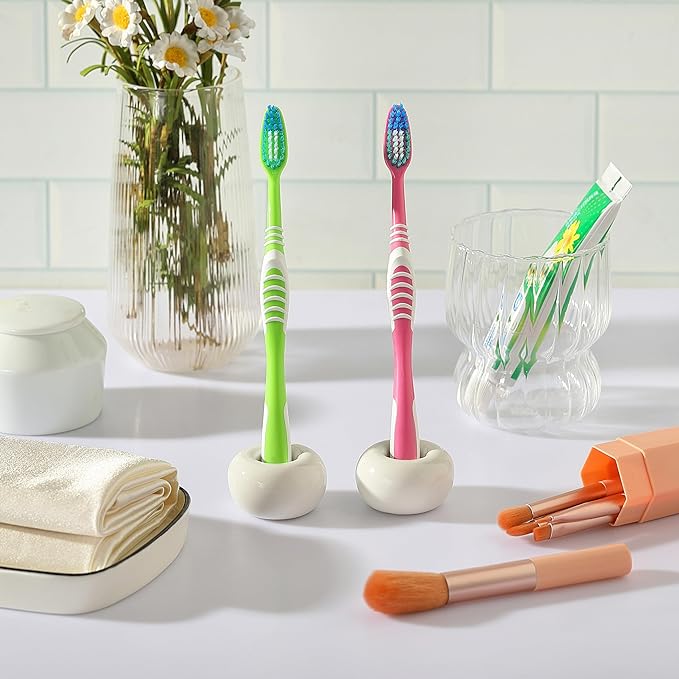 2PCS Ceramic Toothbrush Holder, DQELFA Mini Sleek Toothbrush Holder Stand for Bathroom and Countertop Organizers, White (Stylish Sea-Themed Designs)