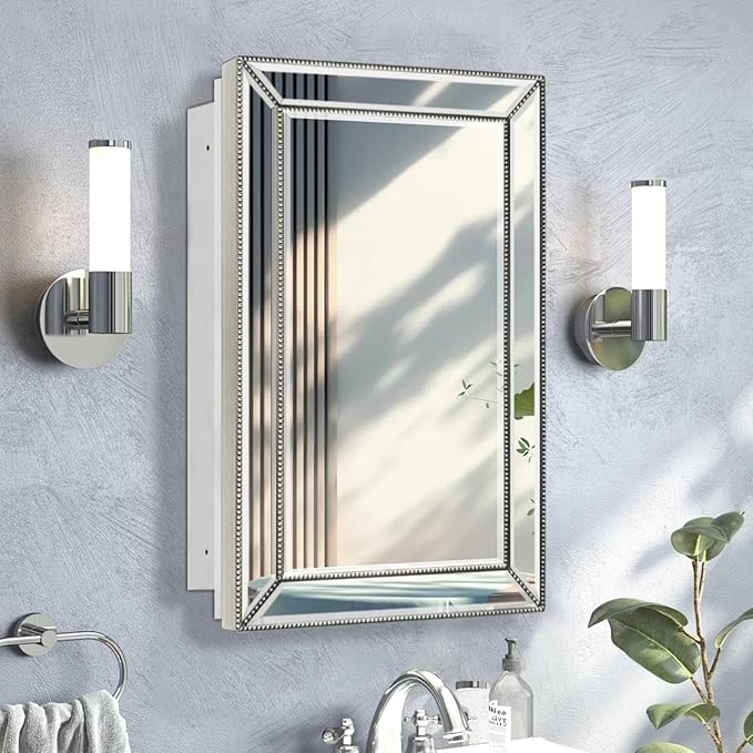 Bathroom Medicine Cabinet with Silver Metro Beaded Wooden Frame, 16x26 Inch Retro Bevel Mirror, Recessed or Surface Mount Bathroom Cabinet,Space-Saving Storage Cabinet