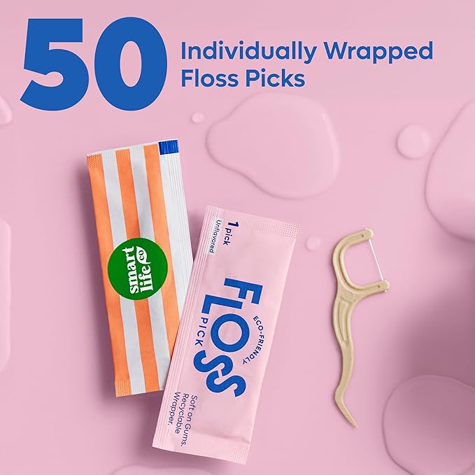 Individually Wrapped Dental Floss Picks (50ct) - Eco-Friendly Flosser Handle Made with Straw Wheat Blend | Great for Travel | PFA Free | Toothpick Stick Soft On Gums & Teeth | Vegan | Unflavored