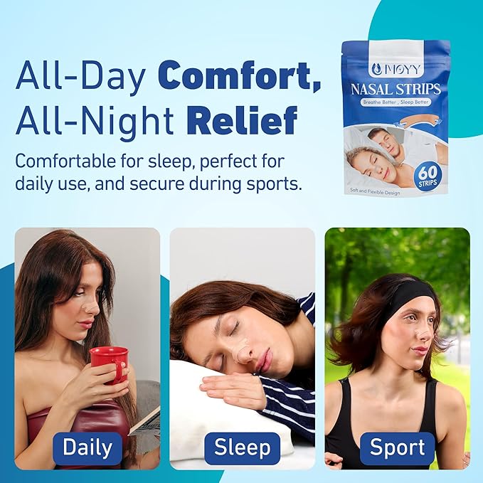 MOYY Nasal Strips - 60 Count – Extra Strong Adhesive, Hypoallergenic, Comfortable Fit for Snoring, Sleep, Cold Relief & Exercise