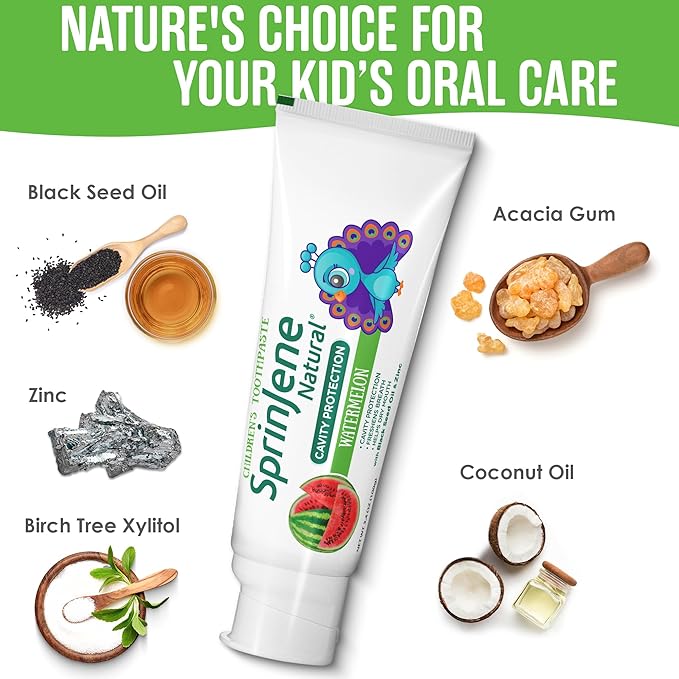 SprinJene Natural Children’s Toothpaste – Watermelon Fluoride Toothpaste for Kids & Toddlers – Cavity Protection – Safe Natural Formula with Patented Black Seed Oil & Zinc – Made in The USA (1 Pack)