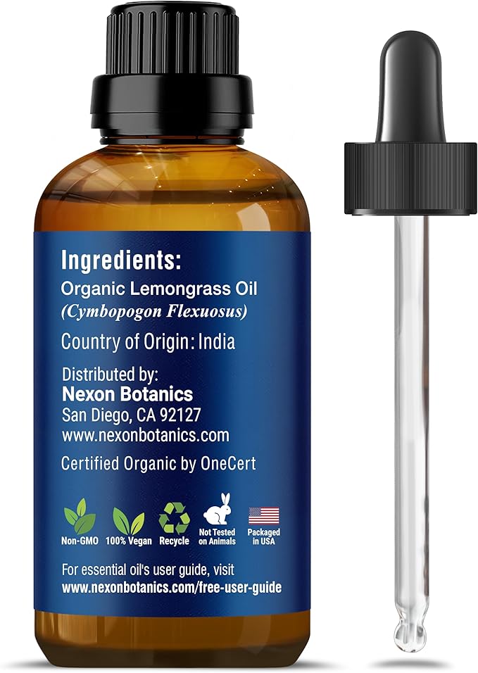 Organic Lemongrass Essential Oil 30 ml - Pure, Natural Oils for Aromatherapy, Diffusers, DIY, Candle and Soap Making Scent - Nexon Botanics