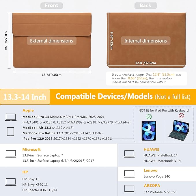 HYZUO 13.3-14 Inch Laptop Sleeve Case with Stand Feature for MacBook Pro 14 M5/M4/M3/M2/M1 2026-2021, MacBook Pro/Air 13.3, 13" 13.5" 13.8" Surface Laptop, HP Spectre X360 13/14, Brown