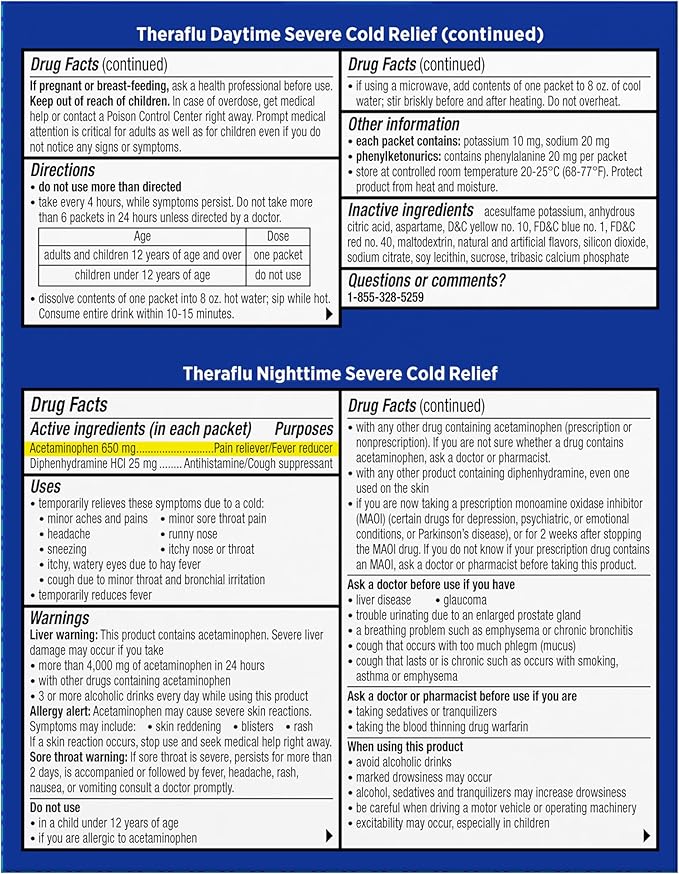 Theraflu Combo Daytime and Nighttime Severe Cold Relief Honey Lemon Flavor Powder_ and Daytime Severe Cold Relief Berry Burst Flavor Powder, _6 Daytime + 6 Nighttime, and 6 Berry Burst Powder Packets