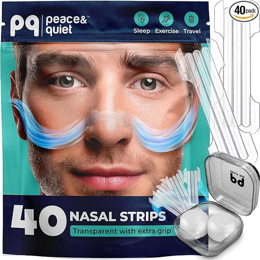 Peace&Quiet PQ 40 Nasal Strips for Snoring, Nasal Stripes for Sports & Sleeping - Nose Strips for Congestion Relief, Snore Reducing Aids - Improve Sleep, Reduce Snoring | Transparent