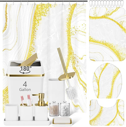 25PCS Bathroom Accessory Set, White Bathroom Set with Large-Capacity 4 Gallon Trash Can,Bathroom Rugs Set, Waterproof Shower Curtain, Toilet Brush, Toothbrush Holder & Soap Dispenser