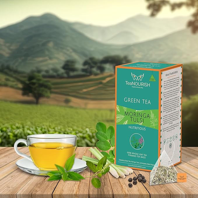 TeaNOURISH Moringa Tulsi Green Tea | 20 Count Pyramid Tea Bags | Darjeeling Whole Leaf | 100% Natural Moringa & Tulsi Leaves | Immune Support Tea