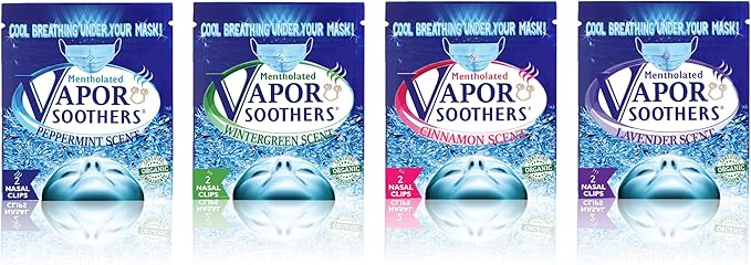 Nasal Dilator Clips, Cool & Easy Breathing Under Your Mask, 4-Scent Variety Pack (Peppermint, Wintergreen, Cinnamon, Lavender), 8 Count, Instant Nasal Congestion Relief, Drug-Free