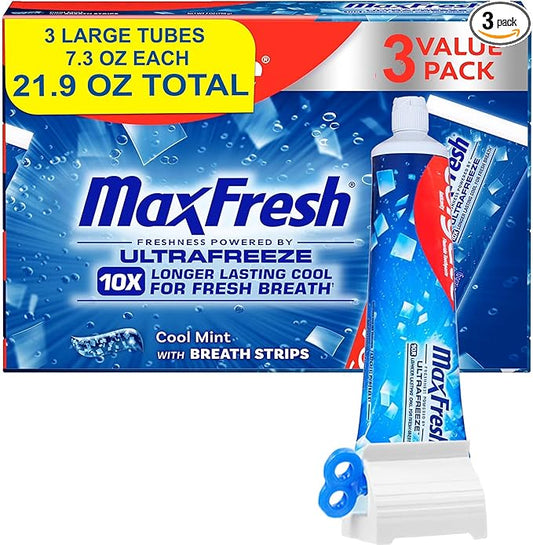 Max Toothpaste 3 Pack - 21.9 OZ Total Fresh Cool Mint – Bonus Squeezer Key, Whitening & Fluoride Tubes | Fits Most Toothpaste Sizes | Easy Squeeze, No Waste | 3-Pack Value Set