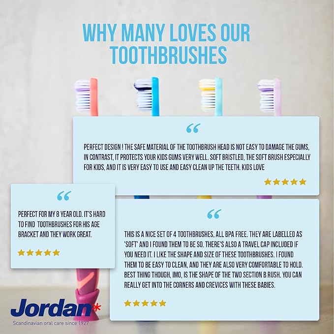 Jordan* Kids Toothbrush | 6-9 Years, Soft Bristles, BPA Free | 4 Pack | Blue & Pink Step 3