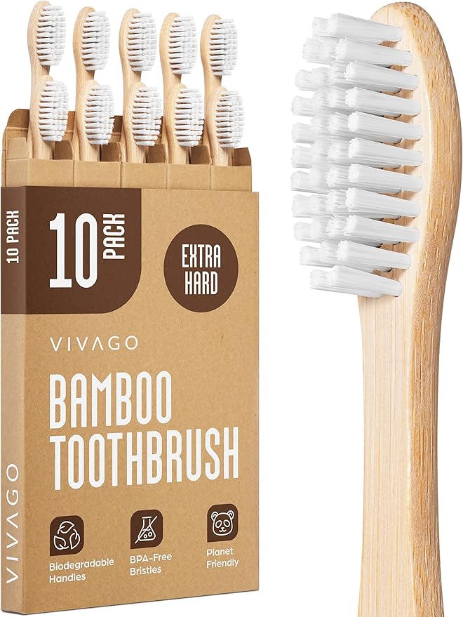 Extra Hard Toothbrushes for Adults - 10 Pack - BPA Free Hard Bristle Toothbrush - Extra Firm Bamboo Toothbrushes