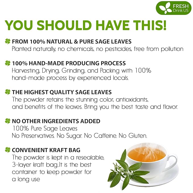 FreshDrinkUS, Sage Leaf Powder 8oz – Premium Culinary Herb, Pure Ground Sage Leaves for Cooking, Baking & Herbal Infusions – Resealable Pouch
