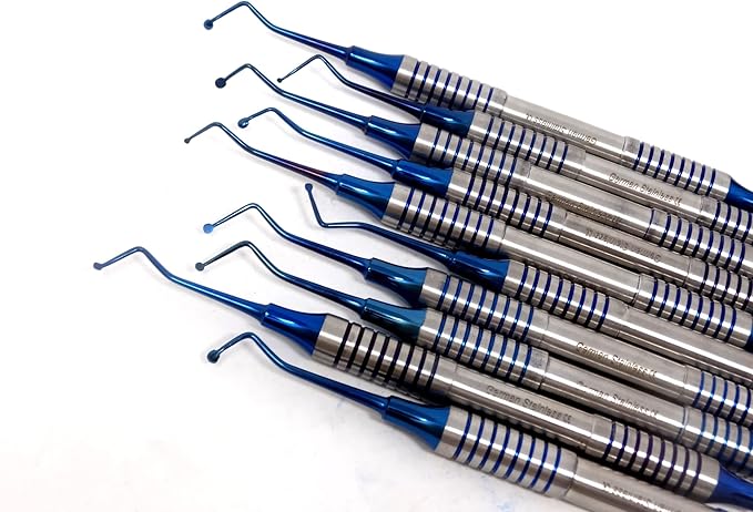 Set of 10 Dental Spoon Excavators 1MM-2.5MM Blue Titanium Coated Tips Restorative Composite Filling Tooth Cavity Carious Decay Removal Double Ended Instruments