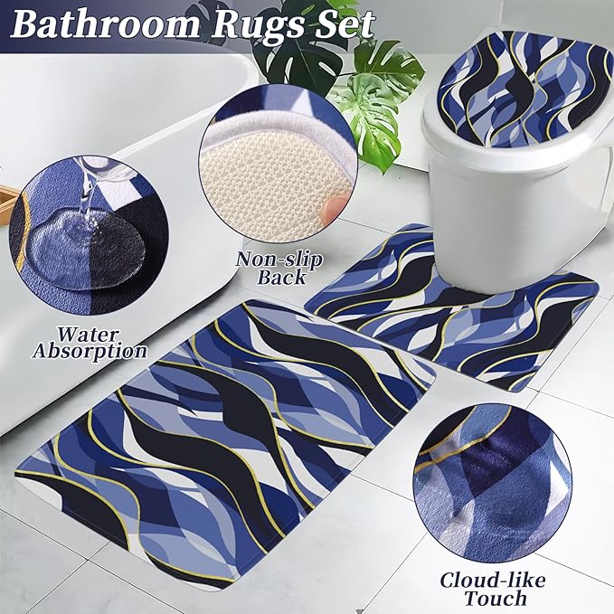Bathroom Set - Blue and Gold Bathroom Accessories, Bathroom Sets with Shower Curtain and Rugs, Navy Blue Shower Curtain Set with Bathroom Trash Can, Soap Dispenser, Soap Dish for Home Decor