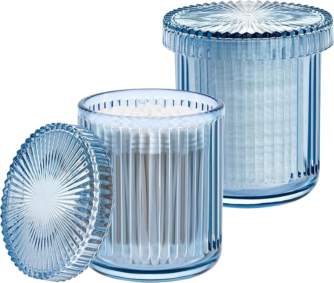 2 Pack Qtip Holders for Bathroom, Clear Glass Apothecary Jars with Lids,Vintage Bathroom Canisters for Cotton Balls,Swabs,Floss Picks,Hair Ties,Vanity Organizer and Storage Decor (Blue)