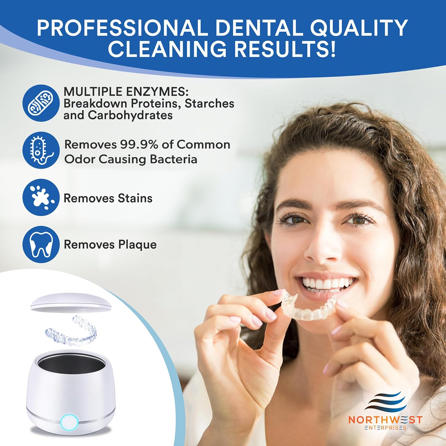 Woman holding a clear aligner with dental cleaning product and text about professional dental quality cleaning results.
