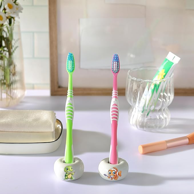 2PCS Ceramic Toothbrush Holder, DQELFA Mini Sleek Toothbrush Holder Stand for Bathroom and Countertop Organizers, White (Stylish Sea-Themed Designs)