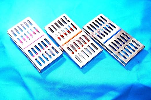 German Stainless 3 Dental Sterilization Cassette Rack Tray Box for 7 Surgical Instruments Set of 3 Colored