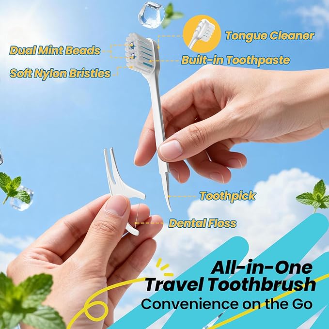 Pinkart Mini Disposable Toothbrushes with Toothpaste, Pre-Pasted Travel Toothbrush with 2 Mint Beads, Individually Wrapped Single-Use Toothbrush for On-The-Go & Travel (12 Count)