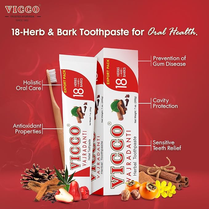 Vicco Vajradanti Ayurvedic Herbal Toothpaste by Vicco – 70 Year Legacy of Ayurveda, with 18 Ayurvedic Herbs & Barks, 100% Natural, Vegan, Fluoride-Free & Cruelty-Free – 7 oz (3 Pack)