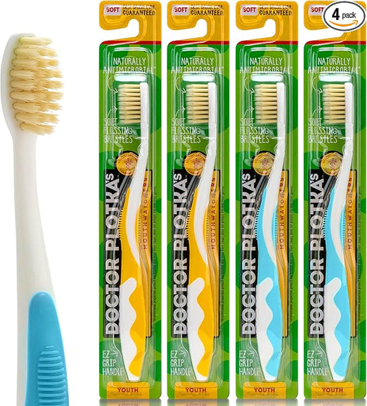 MOUTHWATCHERS Soft Childrens Flossing Manual Toothbrush, Value Pack of 4, Yellow and Blue, Toothbrushes for Kids & Teens, Ultra Clean, by Dr. Plotka's