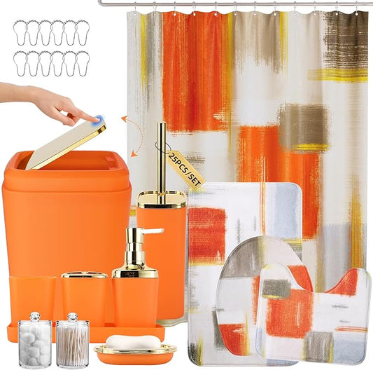 Bathroom Accessories Set - 25PC Bathroom Set with Shower Curtain and Rugs, Orange Bathroom Set, Bathroom Accessory Set with Press-on Lid Trash Can, Soap Dispenser and Qtip Holders