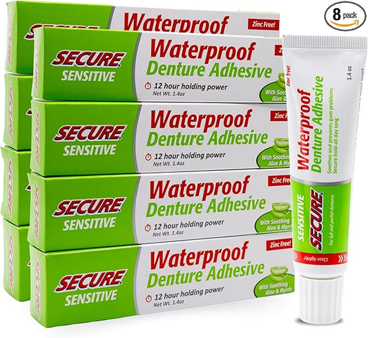 Secure Sensitive Denture Adhesive with Aloe Vera & Myrrh – 12-Hour Max Hold – Patented Waterproof Seal – for All Denture Types – Food Grade Ingredients – 1.4 oz