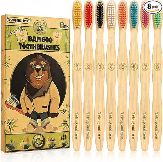8 Count Bamboo Toothbrushes - BPA Free Soft Bristles Natural Toothbrush Set - Biodegradable & Compostable Eco-Friendly Wooden Toothbrush