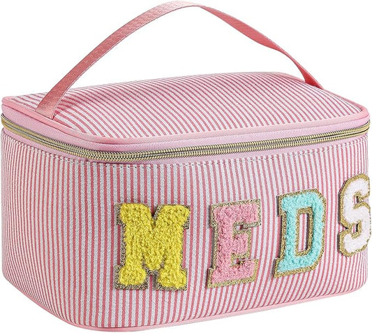 Chenille Letter MEDS Makeup Bag,Large Size Striped Medicine RX Cosmetic Bag with Top Handle, Aesthetic Seersucker First Aid Travel Organizer Bag for Women Girls(05Pink)