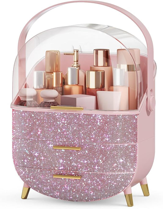 Bling Makeup Organizers for Teen Girl Gifts, Cosmetic Display Case with Clear Cover, Vanity Makeup Organizers for Lipstick Perfume Lotion and Skincare, Pink Diamond
