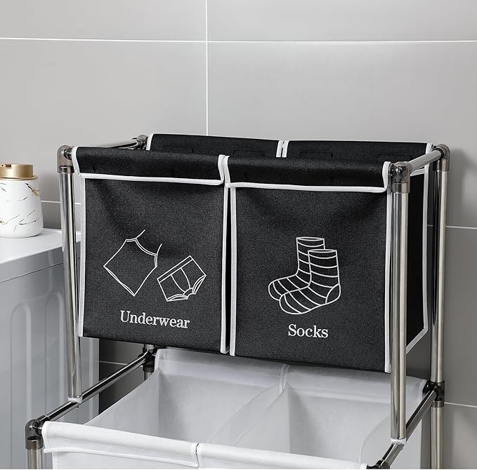 2-3 Tier Laundry Hamper with Removable Fabric Bins, Freestanding Laundry Sorter Organizer with Hooks, Foldable Sorting Basket for Bedroom, Bathroom & Dorm (2-Tier)