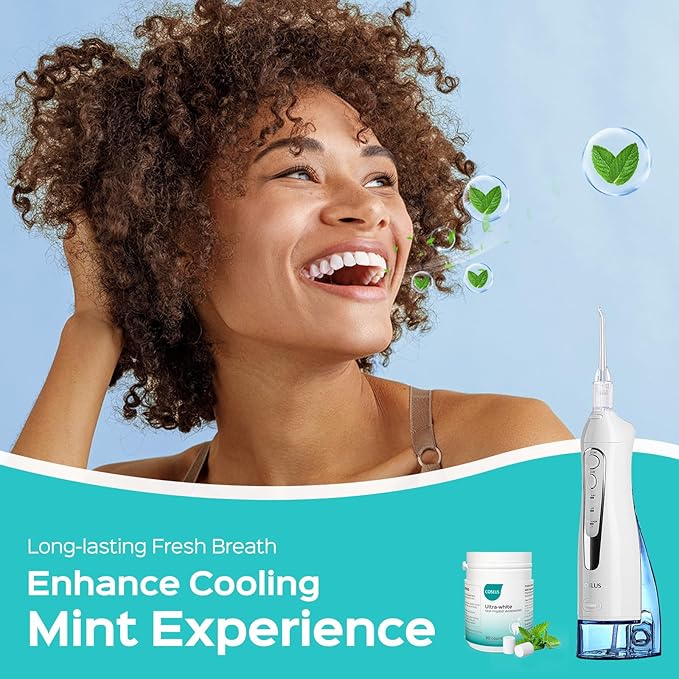 COSLUS Water Flosser Pick with 30pcs Whitening Mint Flavor Refill Combo for Teeth, Braces, Gums Care - Easy to Use, Portable for Travel & Coffee Lovers, Rechargeable, BPA-Free, White, W40(F5020E)