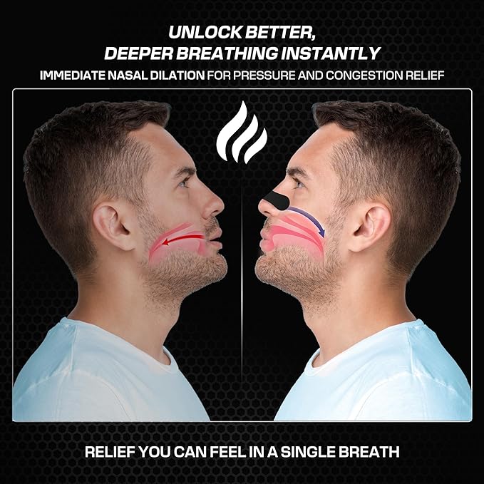 Performance Nose Strips for Breathing (60 Count) - Oil & Sweat Proof Adhesive - Athletic Nasal Strips for Snoring & Sleeping - Black, Wide Body, Universal Fit, Extra Strength