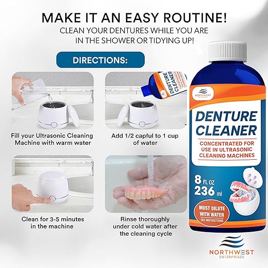 Ultrasonic Denture Cleaner - Denture Cleaner for All Types of Dentures - Denture Cleaning Solution Removes Stains, Plaque, Grime, and Build-up (16 Ounces)
