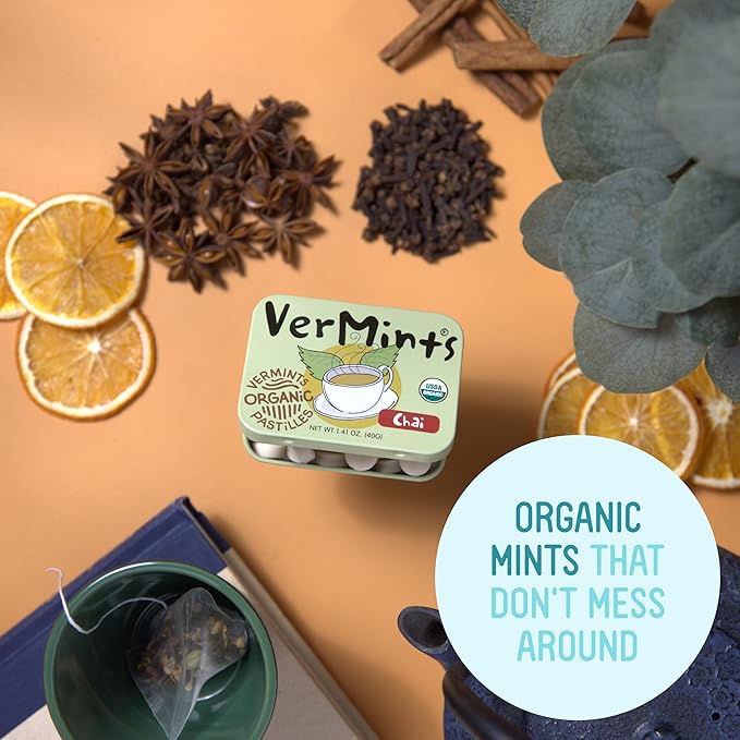 VerMints Organic Breath Mints - Real, Lasting Chai Flavored Pastilles - Breath Fresheners in Travel Mint Tins - Non-GMO, Nut Free, Gluten Free, Kosher & Vegan Candy - 1.41oz (Pack of 6)