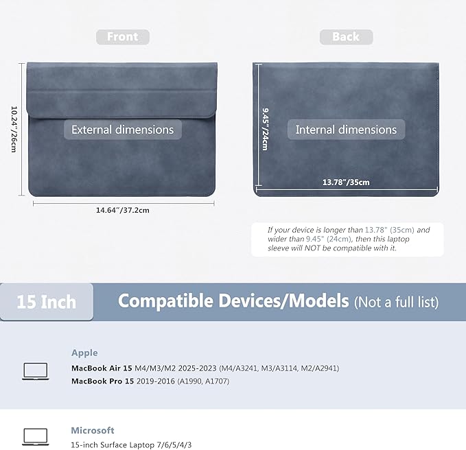 HYZUO 15 Inch Laptop Sleeve Case with Stand for MacBook Air 15 M4 A3241 M3 A3114 M2 A2941 2025-2023, 15" Surface Laptop 7/6/5/4, MacBook Pro 15 A1990 A1707 2019-2016, with Pouch, Haze Blue