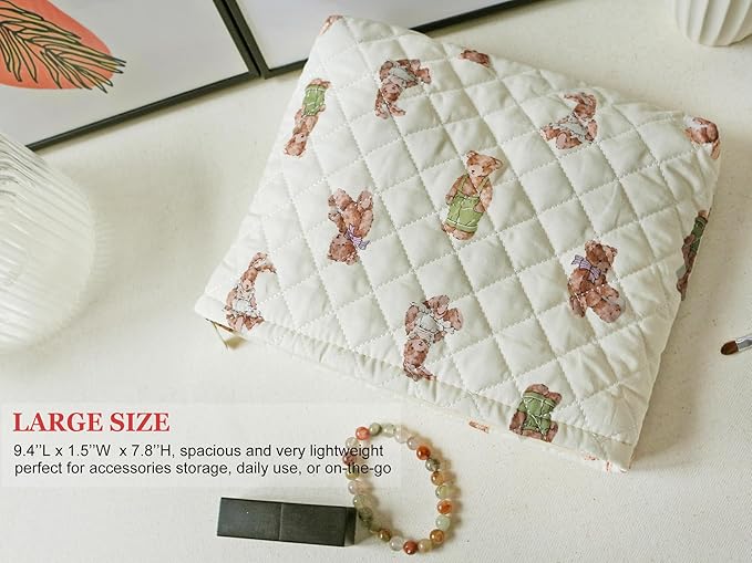 HAPPYHEIDI Cotton Quilted Makeup Bag Cosmetic Toiletry Travel Pouch Purse accessory Organizer,Cute Bears