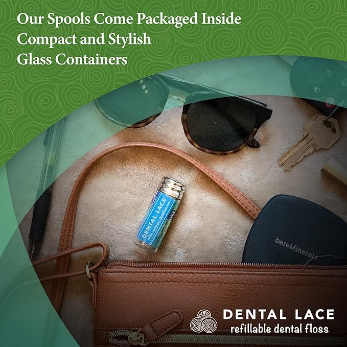 Dental Lace Refillable Silk Dental Floss – 100% Silk Floss with Mint Flavor, PFAS & PTFE Free – Includes 1 Refillable Glass Floss Container and 2 Spools (Total 66 Yards) – Recyclable Packaging