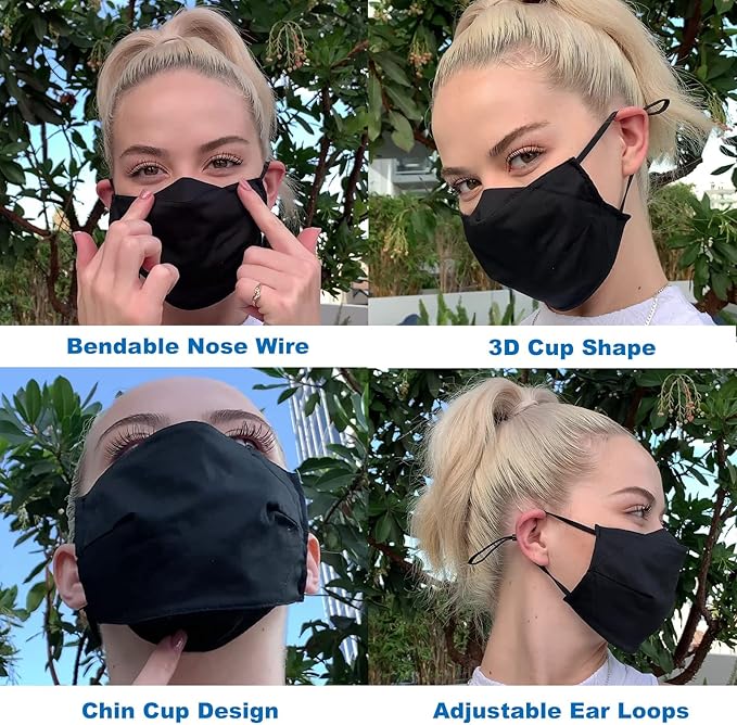 Yarehand 3-Ply Organic Cotton Cloth Face Mask Reusable Washable, Face Masks Adjustable Ear Loops Nose Wire Filter Pocket, Pack of 3 No Fog/Dust for Unisex Adult (3 Black)