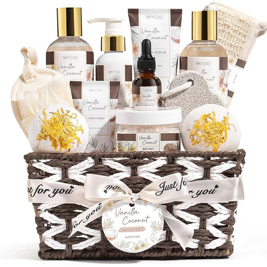 Birthday Gifts for Women, Vanilla Coconut Relaxing Spa Gift Baskets for Women Self Care Package Bath Gift Set, Home Bath and Body Kit Pamper Valentines Day Gifts for Her Womens Mom Friends Sister Wife