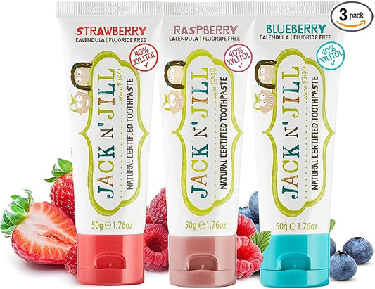 Jack N' Jill Natural Toddler Toothpaste - Fluoride Free Training Toothpaste for Toddlers 1-3, 40% Xylitol, BPA Free - 1.76 oz (Variety Pack of 3)