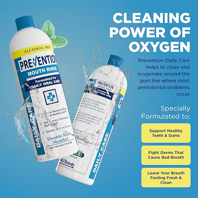 Prevention Daily Care Alcohol-Free Mouthwash, Hydrogen Peroxide Teeth Whitening with Soothing Double Mint for Bad Breath Treatment, Fluoride-Free Gum Care Oral Mouth Rinse 16 oz 2 Pack