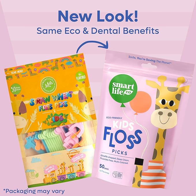 SmartLifeco Eco-Friendly Kids Flossers (200ct) - Dental Floss Picks for Children Made with Straw Wheat, Fluoride & PFA Free, Toothpick Flossing Sticks for Toddler Teeth, No Shred Thread, Unflavored