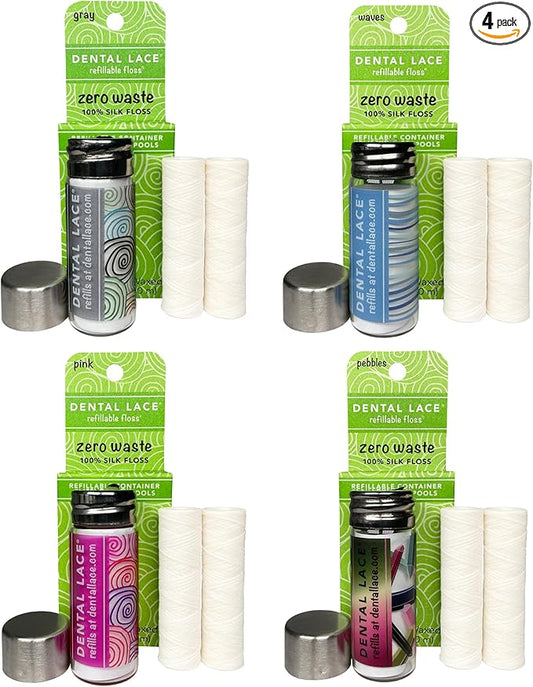 Dental Lace Refillable Silk Dental Floss | Multi-Color Glass Containers - 100% Silk Floss with Mint Flavor, PFAS & PTFE Free (Total 66 Yards) – Eco-Friendly Recyclable Packaging (Pack of 4)