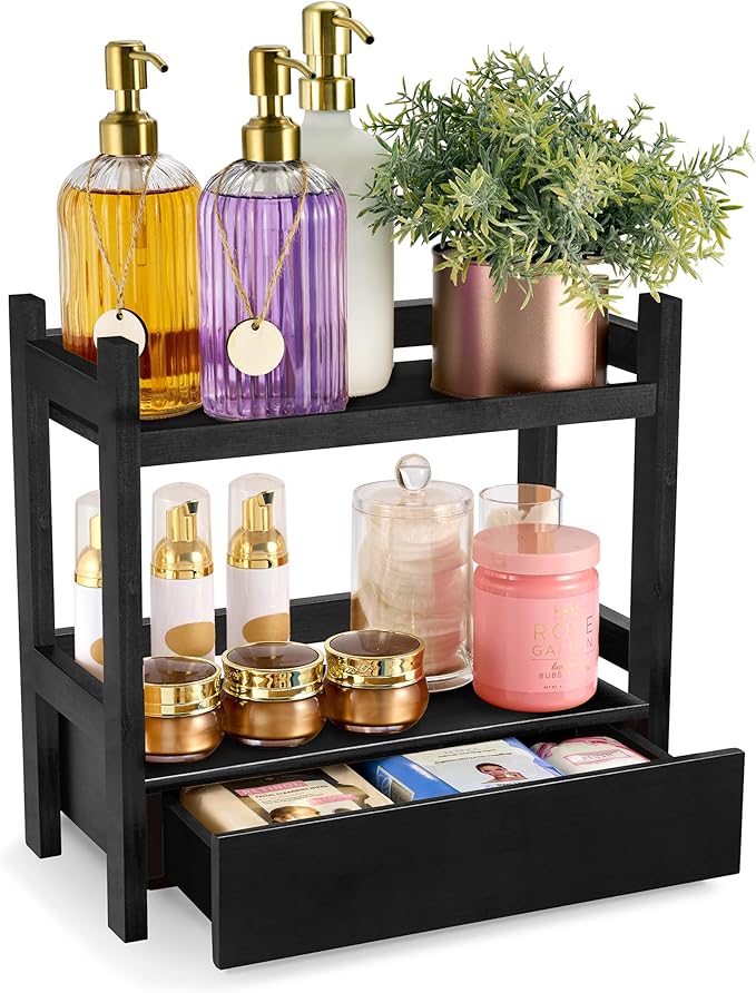 Sorbus Bamboo Bathroom Counter Organizer – 2-Tier Shelf with Hidden Drawer for Vanity, Matcha Station, Bathroom Sink Organizer Countertop, Kitchen & Office Storage (13″ L x 6.5″ W x 12.6″ H) (Black)